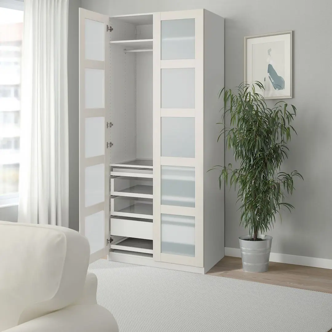 Шкаф Ikea Pax/Bergsbo полки/штанга/ящики/матовое стекло 100x60x236 (Белый)