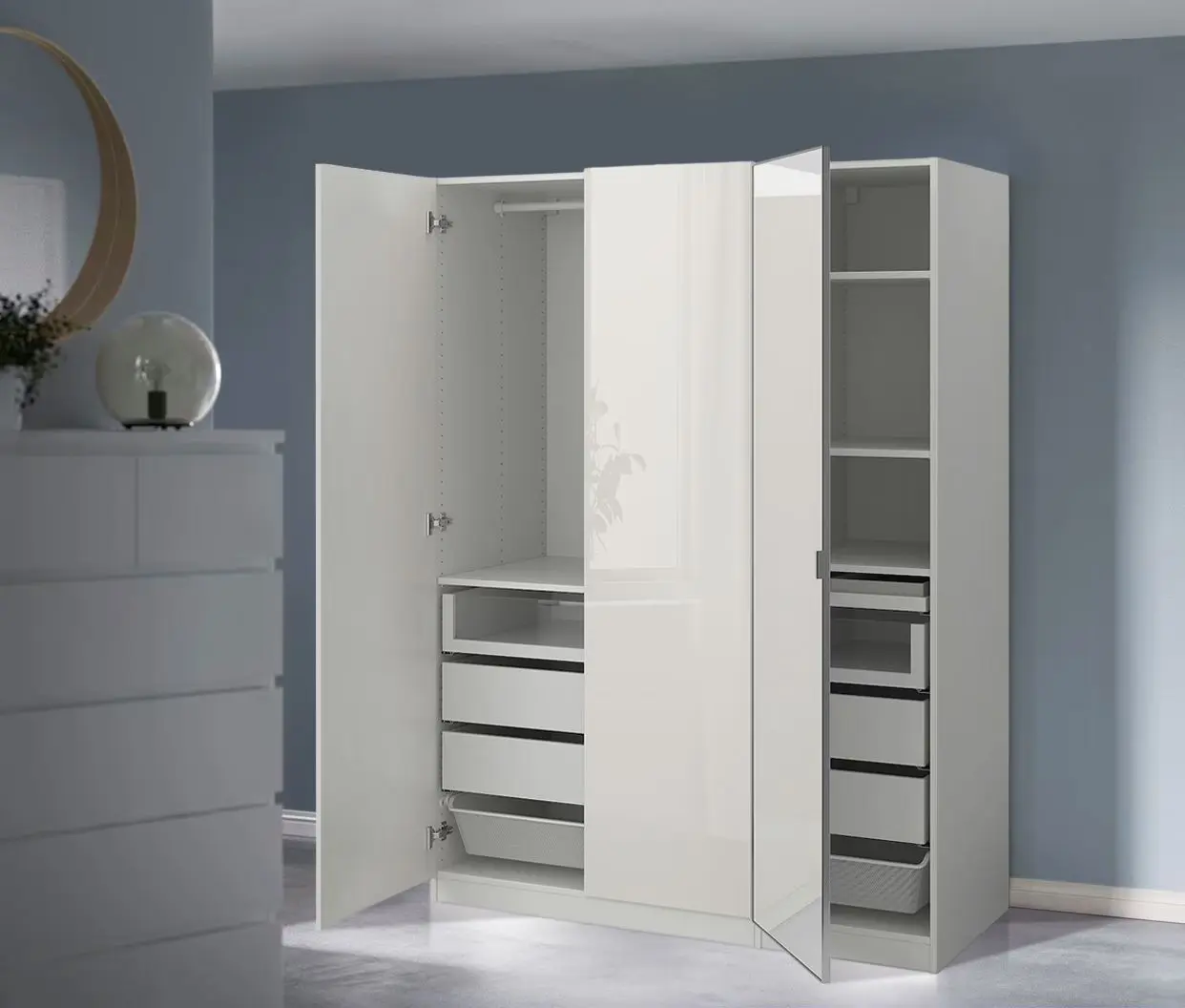 Dulap Ikea Pax/Fardal/Aheim rafturi/bara/6 sertare/2 cosuri/oglinda 150x60x201 (Alb Lucios)