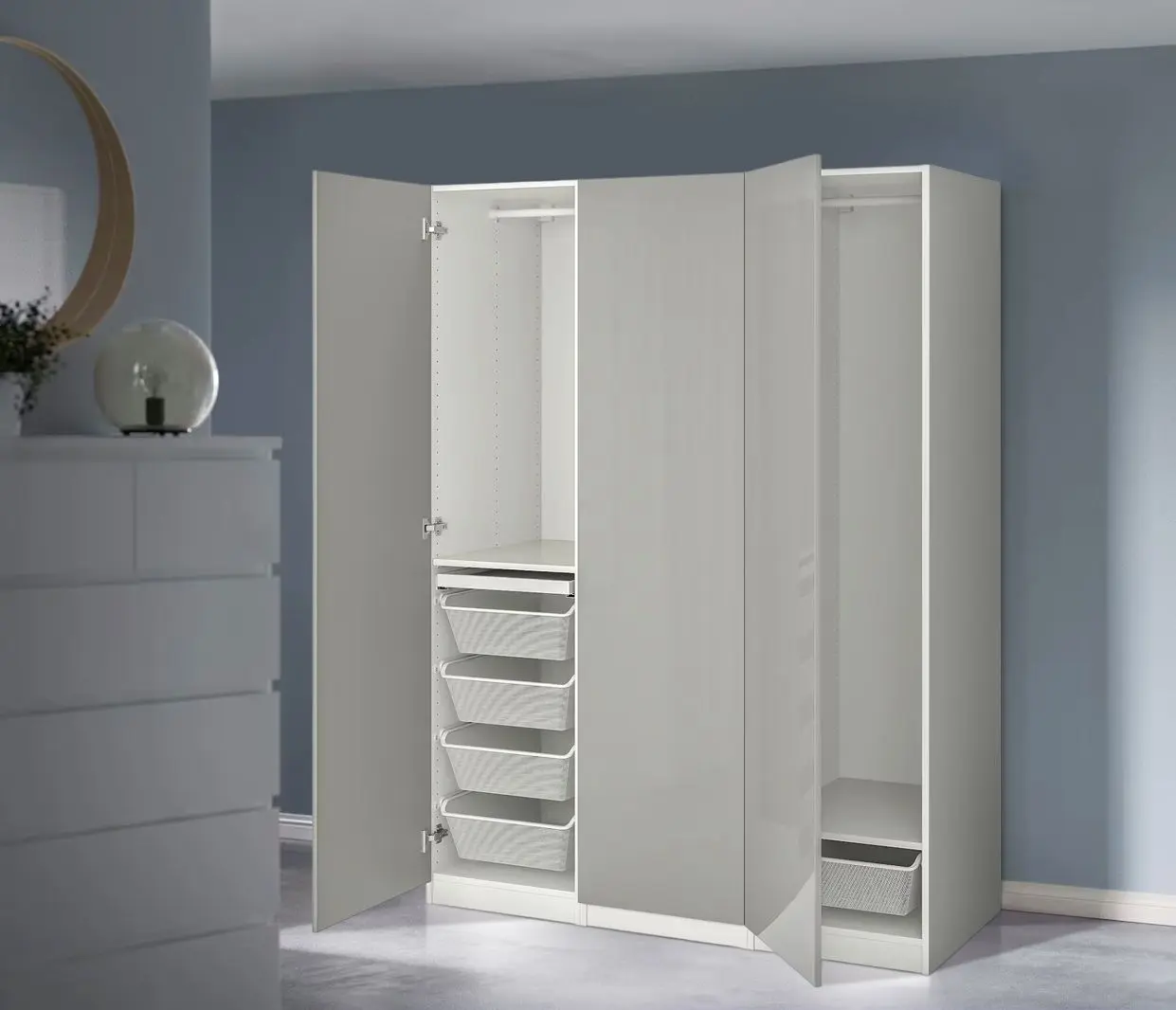 Dulap Ikea Pax/Fardal rafturi/bare/sertare/cosuri 150x60x201 (Alb/Gri deschis Lucios)