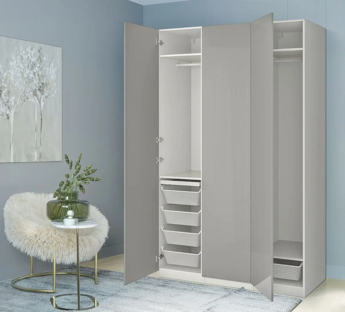 Dulap Ikea Pax/Fardal rafturi/bare/sertare/cosuri 150x60x236 (Alb/Gri deschis Lucios)