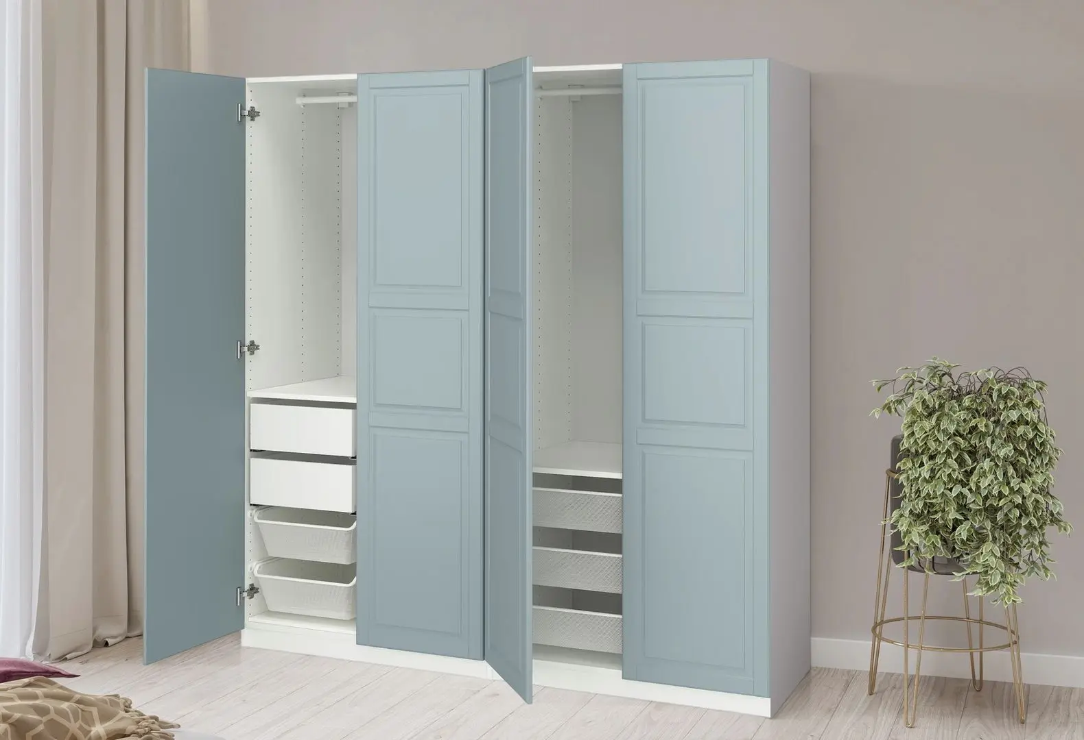 Dulap Ikea Pax/Fjarehals raft/bare/sertare/cosuri 200x66x201 (Alb/Gri deschis-bleu)