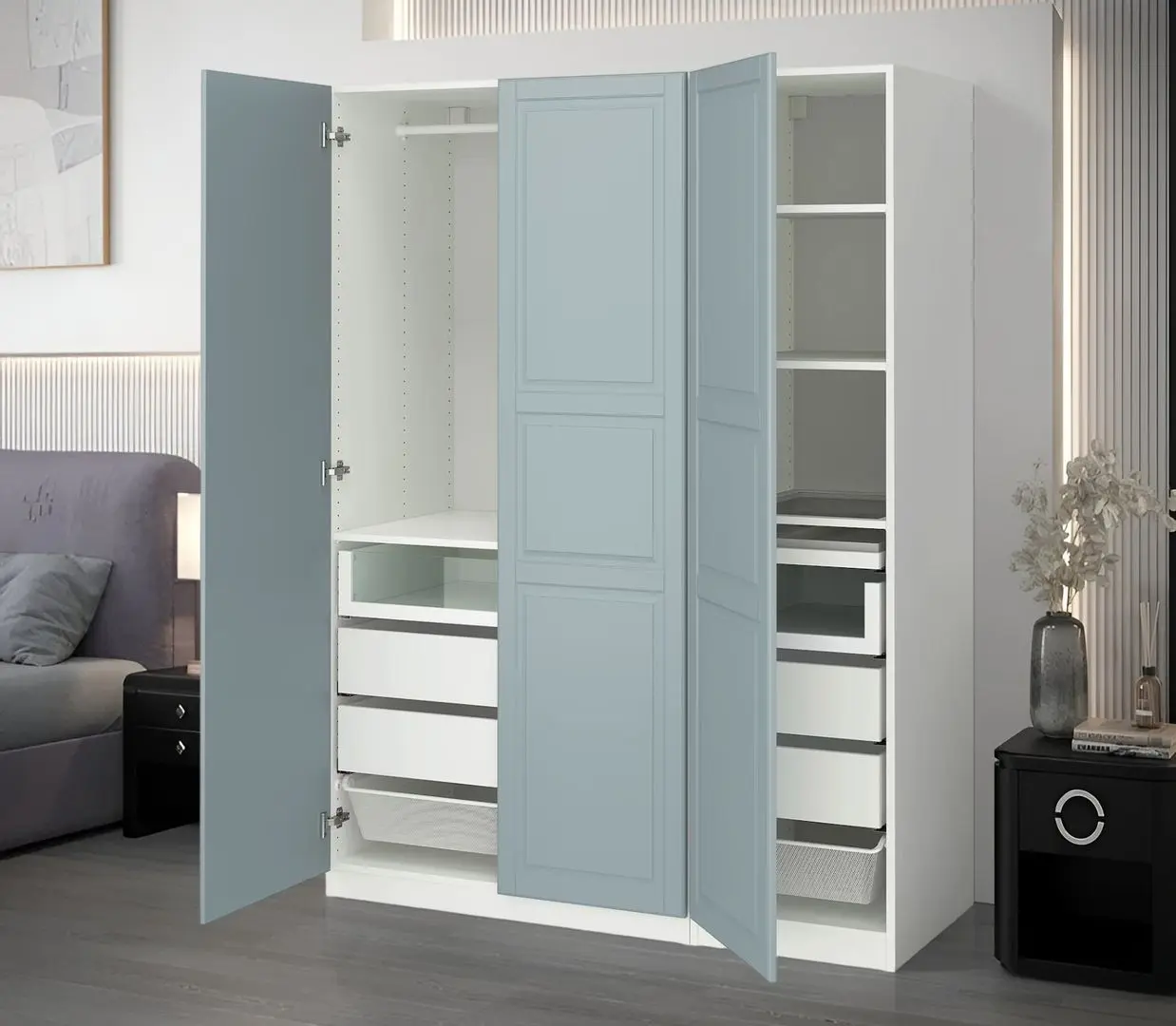 Dulap Ikea Pax/Fjarehals rafturi/bara/6 sertare/cosuri 150x60x201 (Alb/Gri deschis-bleu)