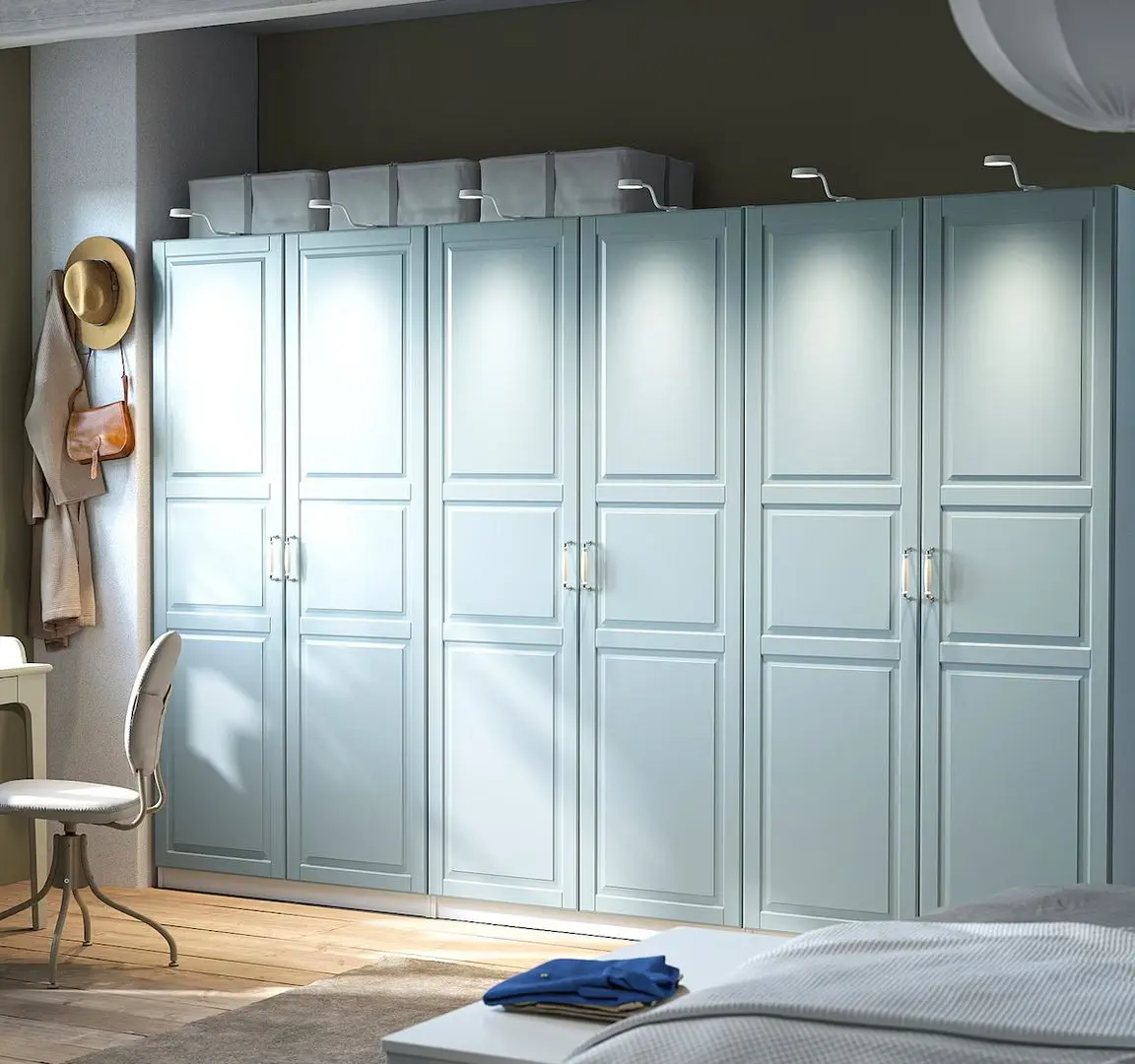 Dulap Ikea Pax/Fjarehals rafturi/bare/cosuri 300x60x201 (Alb/Gri deschis-bleu)