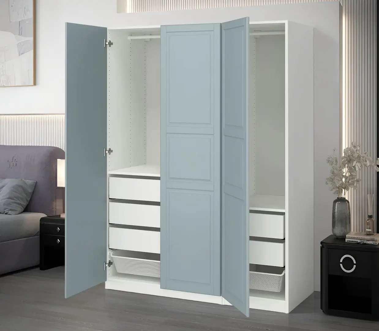 Dulap Ikea Pax/Fjarehals rafturi/bare/sertare/cosuri 150x60x201 (Alb/Gri deschis-bleu)