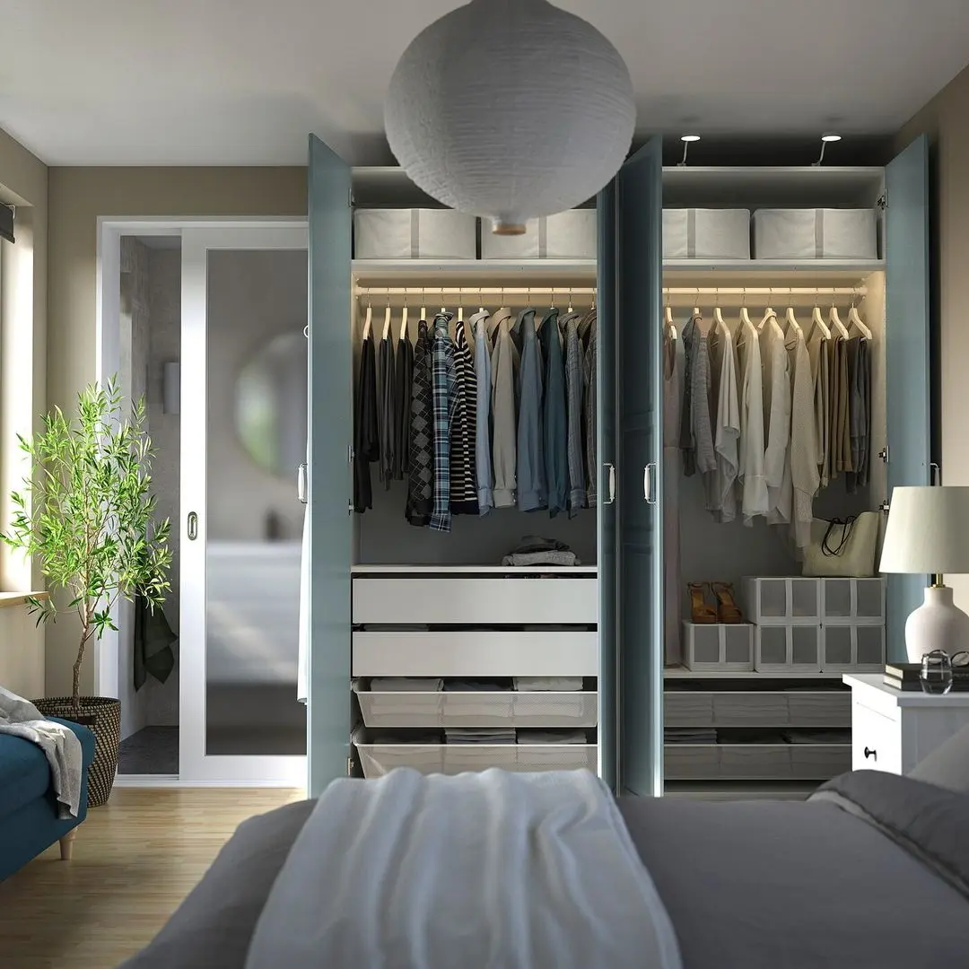 Dulap Ikea Pax/Fjarehals rafturi/bare/sertare/cosuri 200x60x236 (Alb/Gri deschis-bleu)