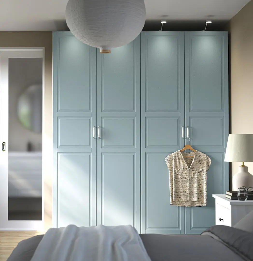 Dulap Ikea Pax/Fjarehals rafturi/bare/sertare/cosuri 200x60x236 (Alb/Gri deschis-bleu)