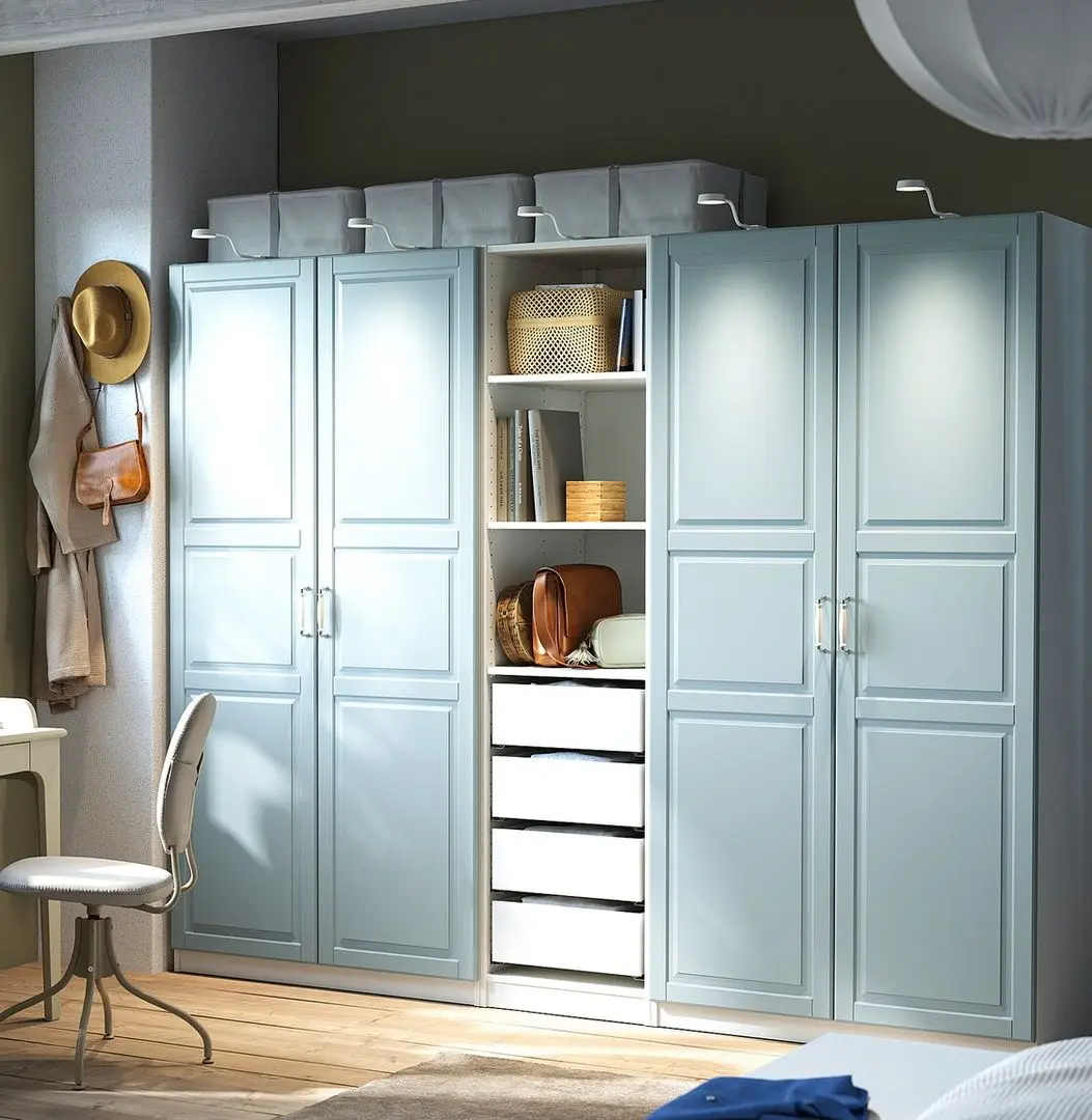 Dulap Ikea Pax/Fjarehals rafturi/bare/sertare/cosuri 250x60x201 (Alb/Gri deschis-bleu)