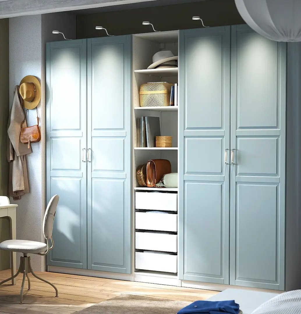 Dulap Ikea Pax/Fjarehals rafturi/bare/sertare/cosuri 250x60x236 (Alb/Gri deschis-bleu)