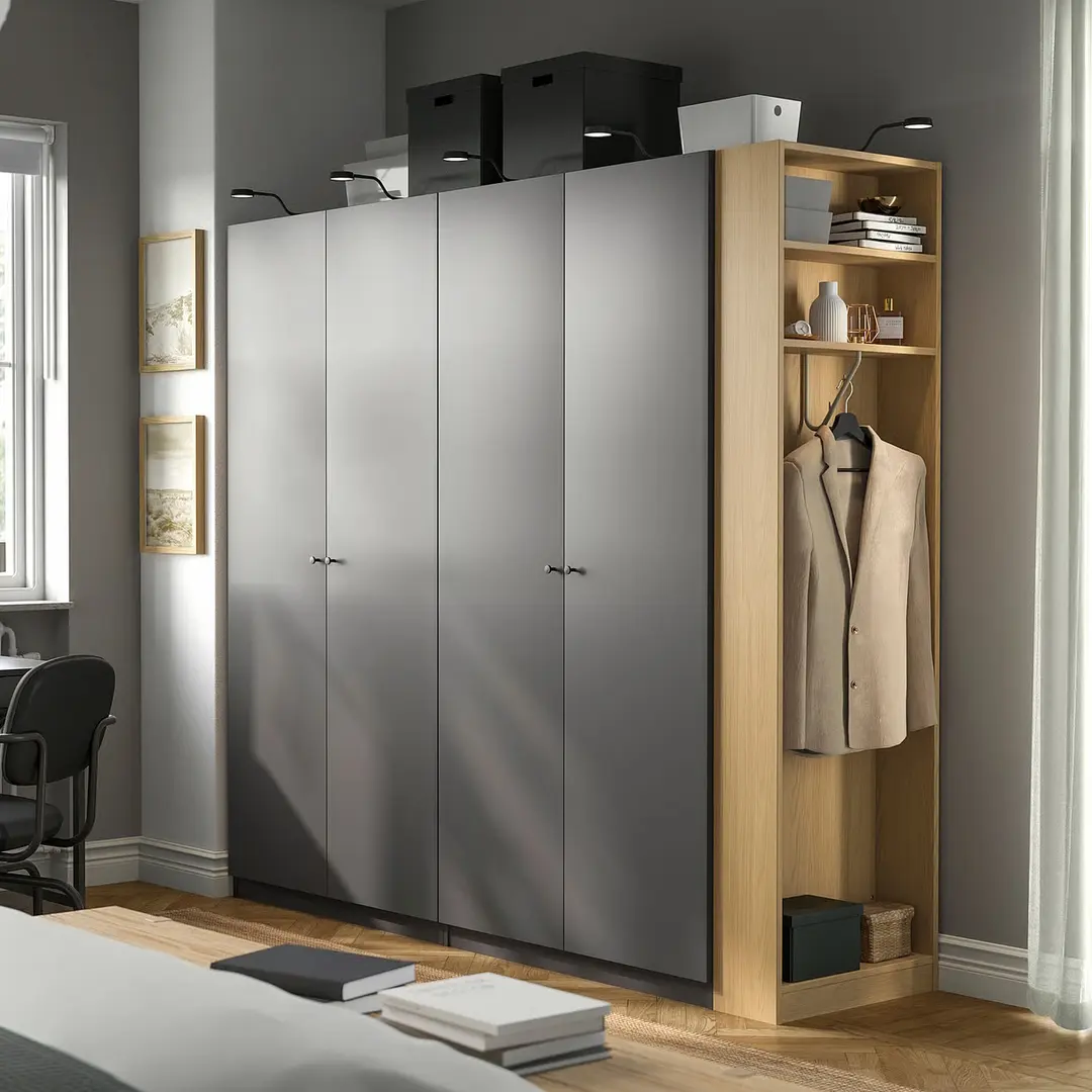 Шкаф Ikea Pax/Forsand полки/штанги/корзины/стеллаж 220x60x201 (Тёмно-серый/Имитация Дуба)