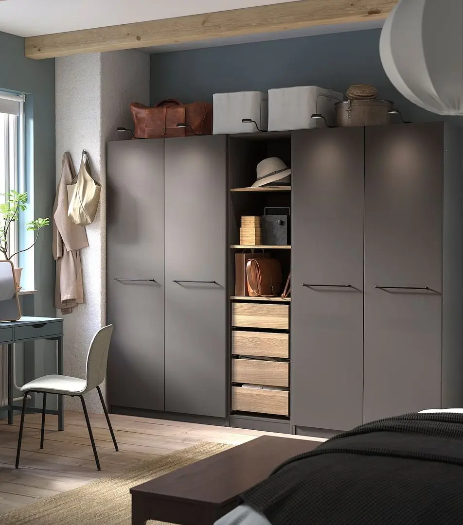 Dulap Ikea Pax/Forsand rafturi/bare/sertare 250x60x201 (Gri inchis/Aspect Stejar Antichiza)