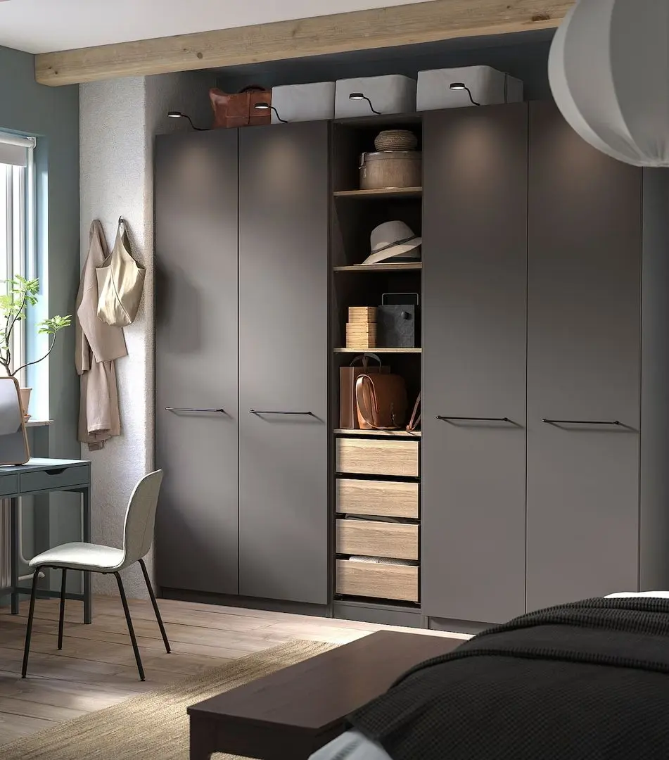 Dulap Ikea Pax/Forsand rafturi/bare/sertare 250x60x236 (Gri inchis/Aspect Stejar Antichizat)