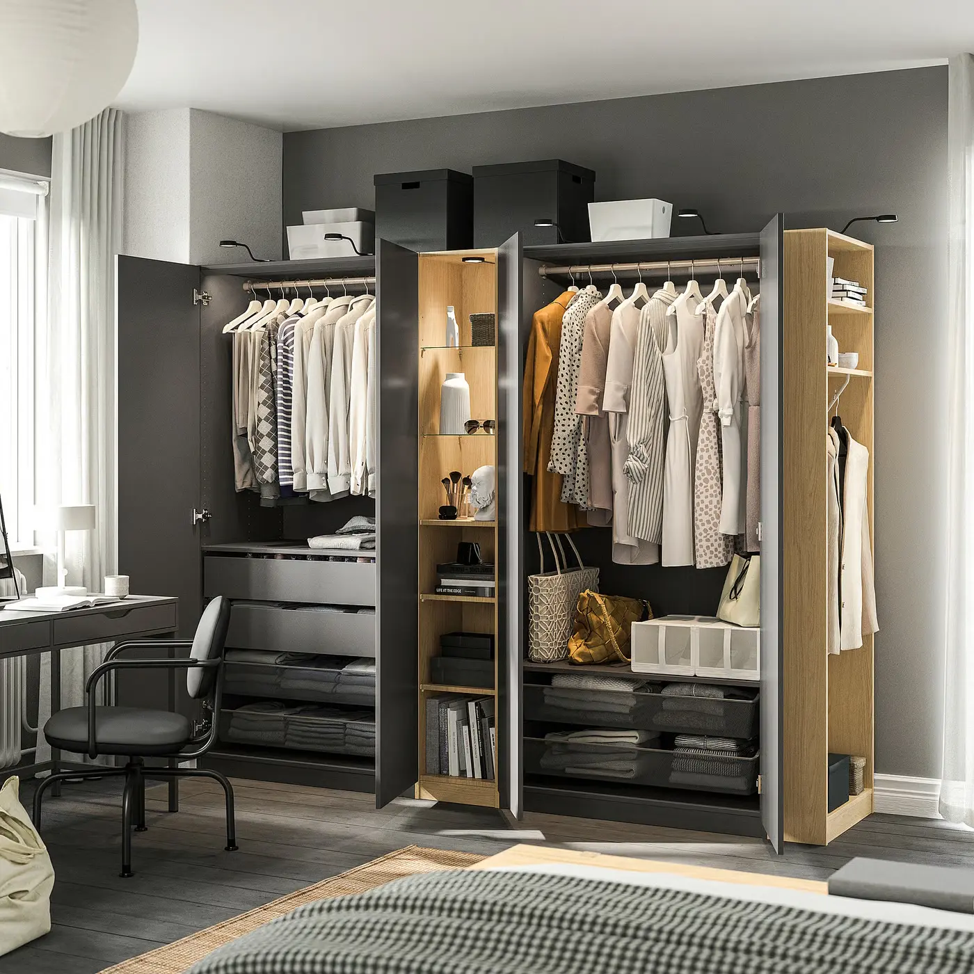 Dulap Ikea Pax/Forsand rafturi/bare/sertare/cosuri/etajere 255x60x201 (Gri inchis/Aspect Stejar) - 2