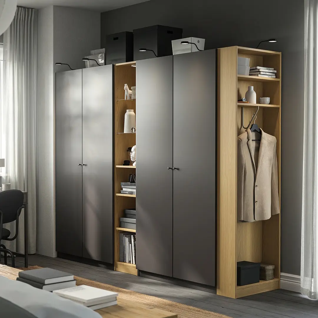 Dulap Ikea Pax/Forsand rafturi/bare/sertare/cosuri/etajere 255x60x201 (Gri inchis/Aspect Stejar)