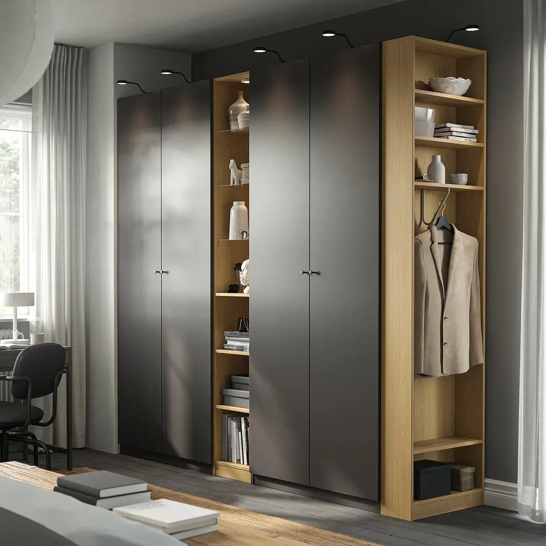 Dulap Ikea Pax/Forsand rafturi/bare/sertare/cosuri/etajere 255x60x236 (Gri inchis/Aspect Stejar)