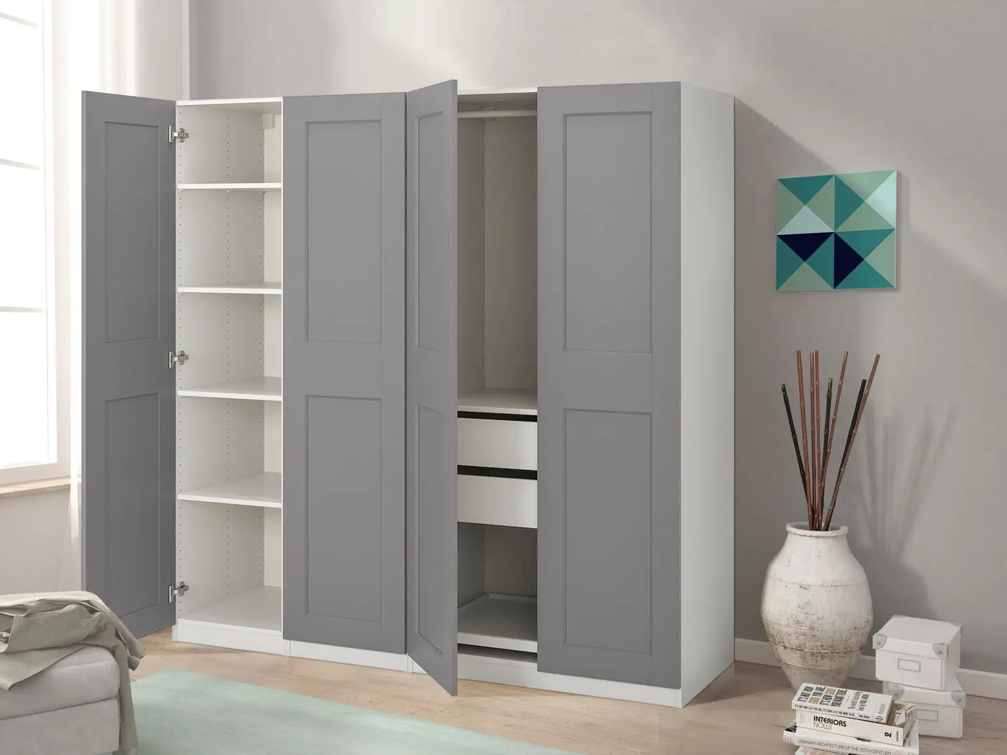 Dulap Ikea Pax/Grimo rafturi/bare/sertare 200x60x201 (Alb/Gri)