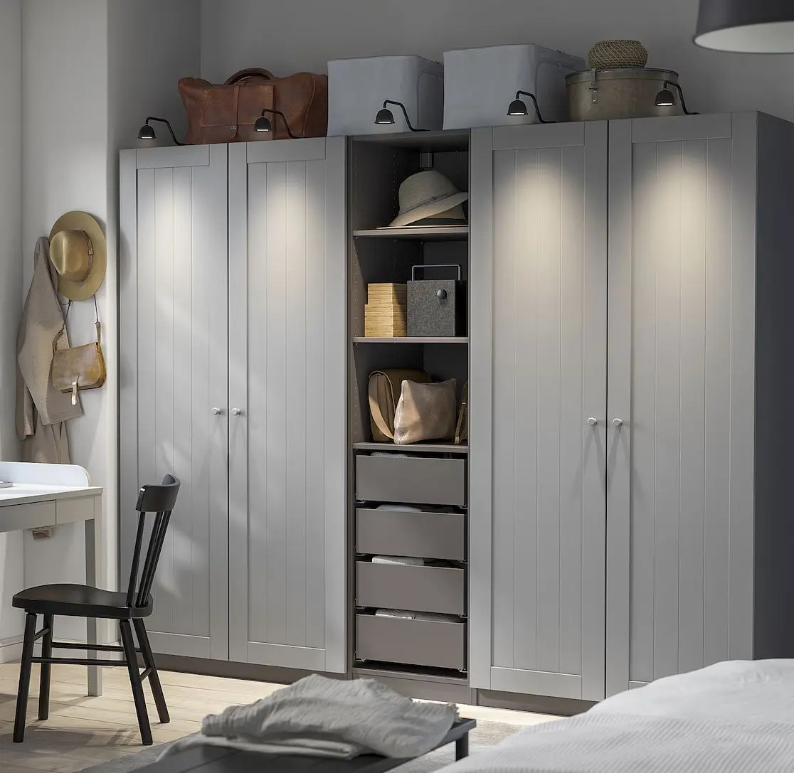 Dulap Ikea Pax/Gullaberg rafturi/bare/sertare/cosuri 250x60x201 (Gri inchis/Gri)