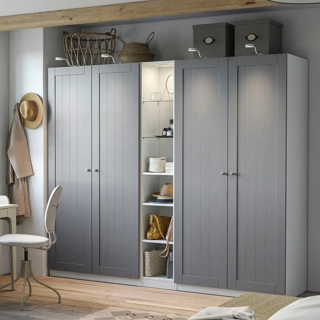 Dulap Ikea Pax/Gullaberg rafturi/bare/sertare/cosuri/etajera 235x60x201 (Gri/Alb)