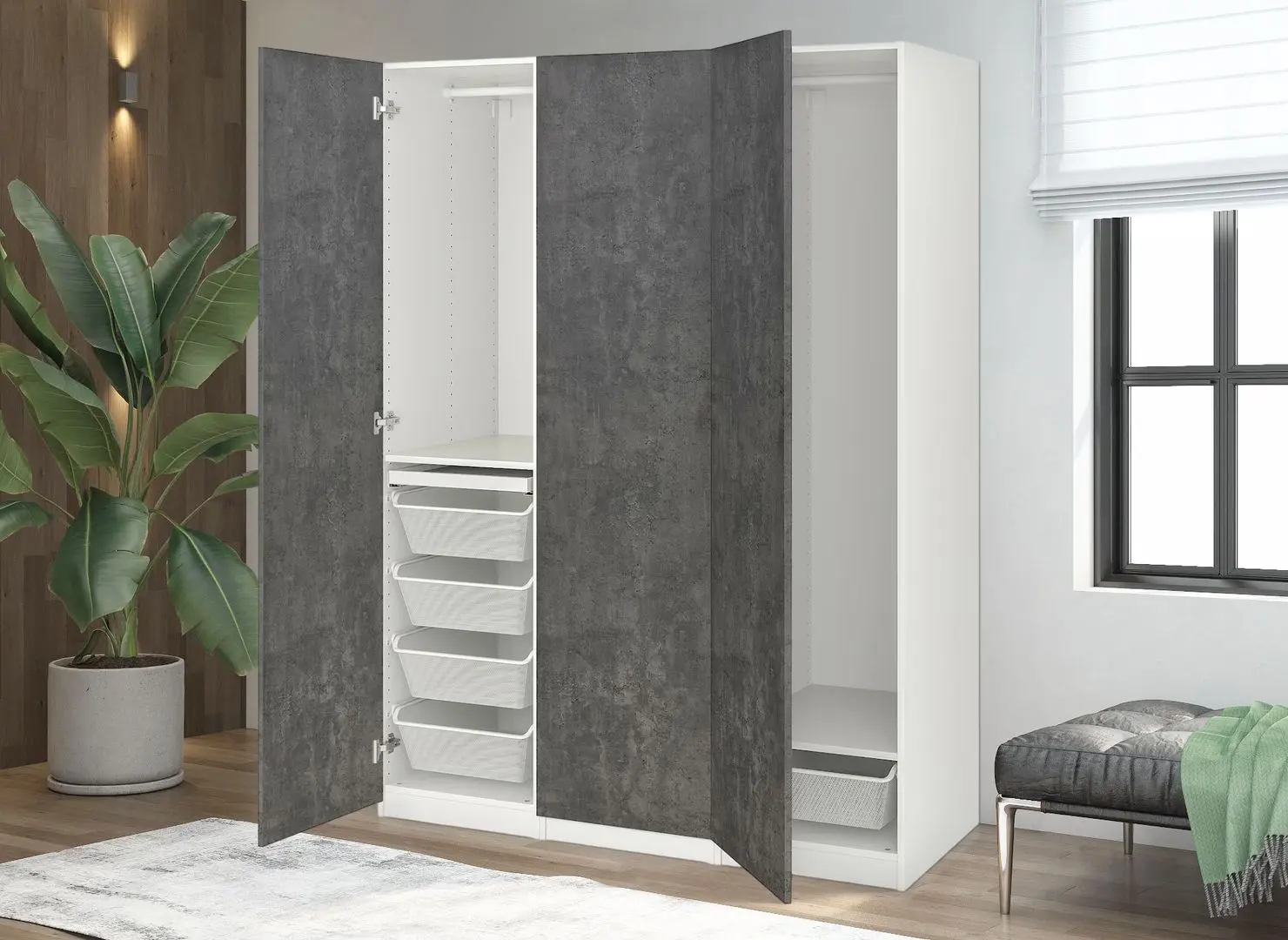 Dulap Ikea Pax/Kallviken rafturi/bare/sertare/cosuri 150x60x201 (Alb/Gri inchis Aspect Beton)