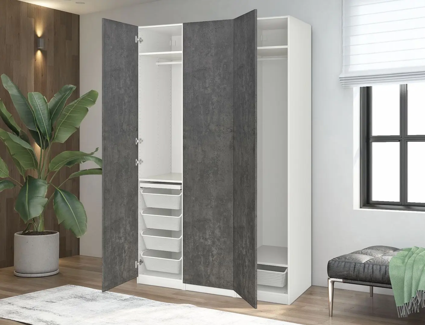 Шкаф Ikea Pax/Kallviken полки/штанги/ящики/корзины 150x60x236 (Белый/Тёмно-серый Под Бетон)