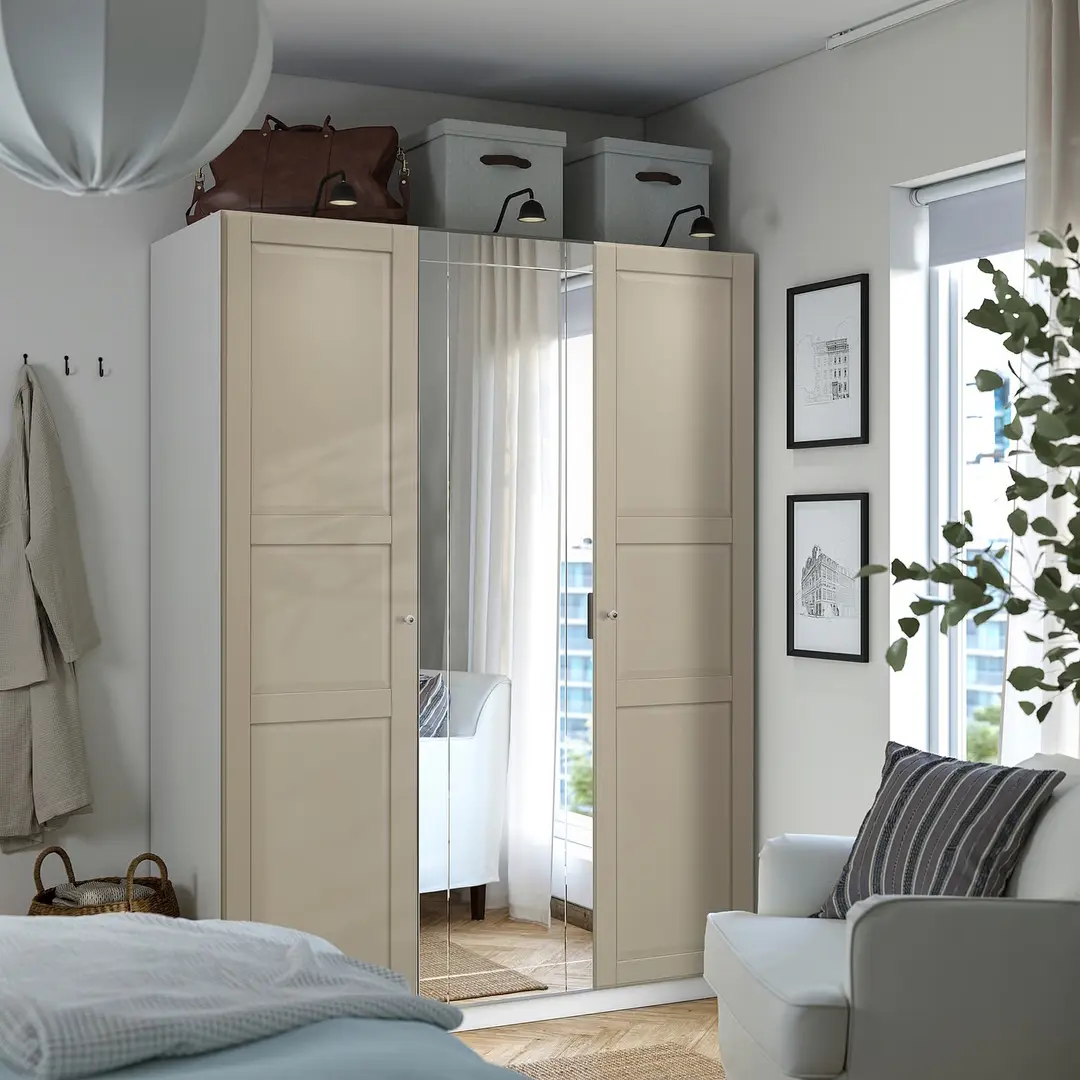 Dulap Ikea Pax/Kammartorp/Tyssedal rafturi/bara/sertare/cos/oglinda 150x66x201 (Alb/Gri-bej)