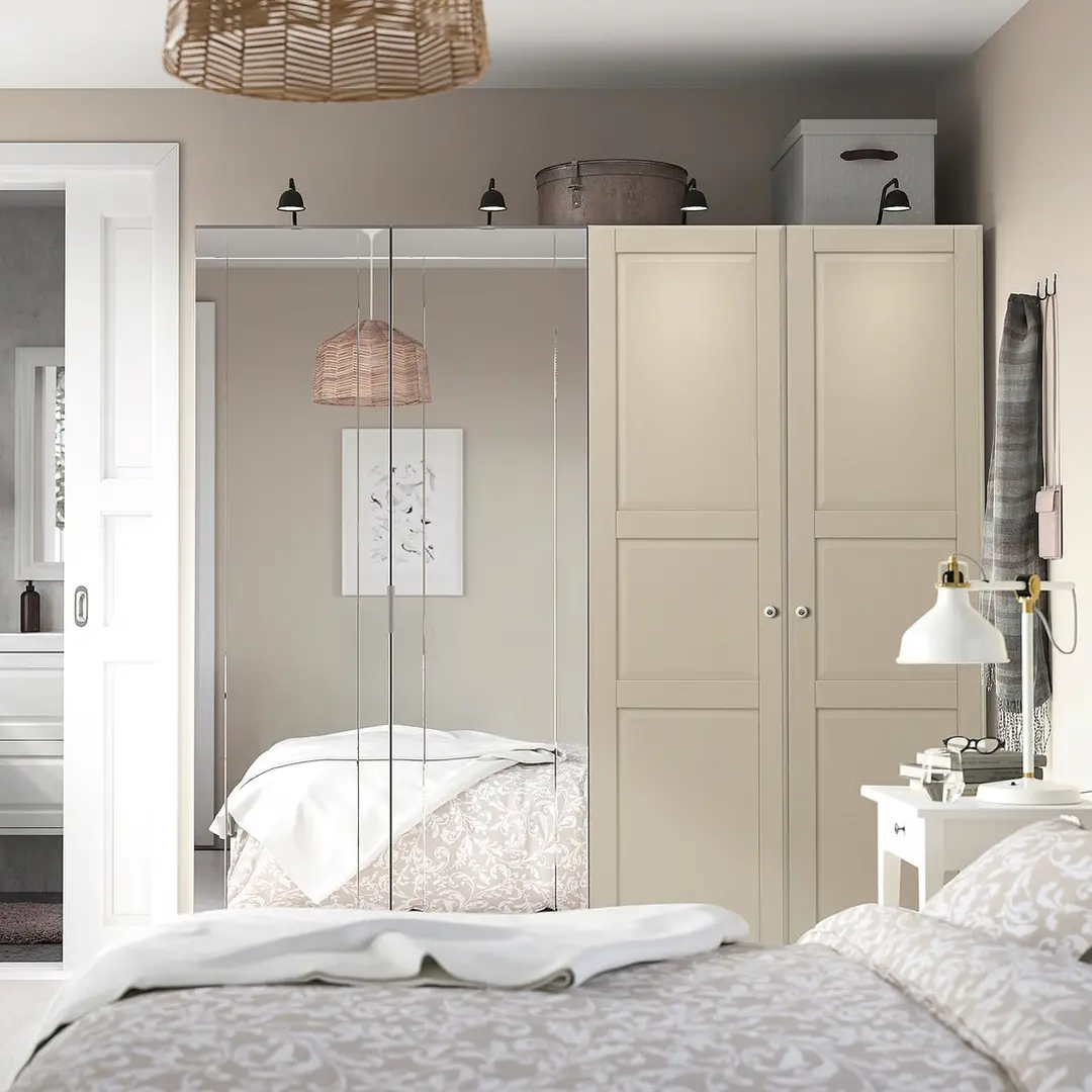 Dulap Ikea Pax/Kammartorp/Tyssedal rafturi/bare/sertare/cosuri/oglinzi 200x66x201 (Alb/Gri-bej)