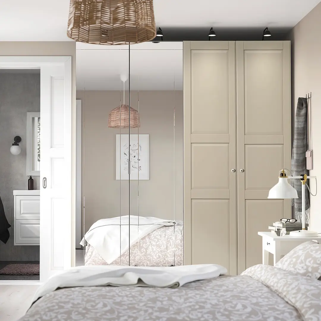 Dulap Ikea Pax/Kammartorp/Tyssedal rafturi/bare/sertare/cosuri/oglinzi 200x66x236 (Alb/Gri-bej)