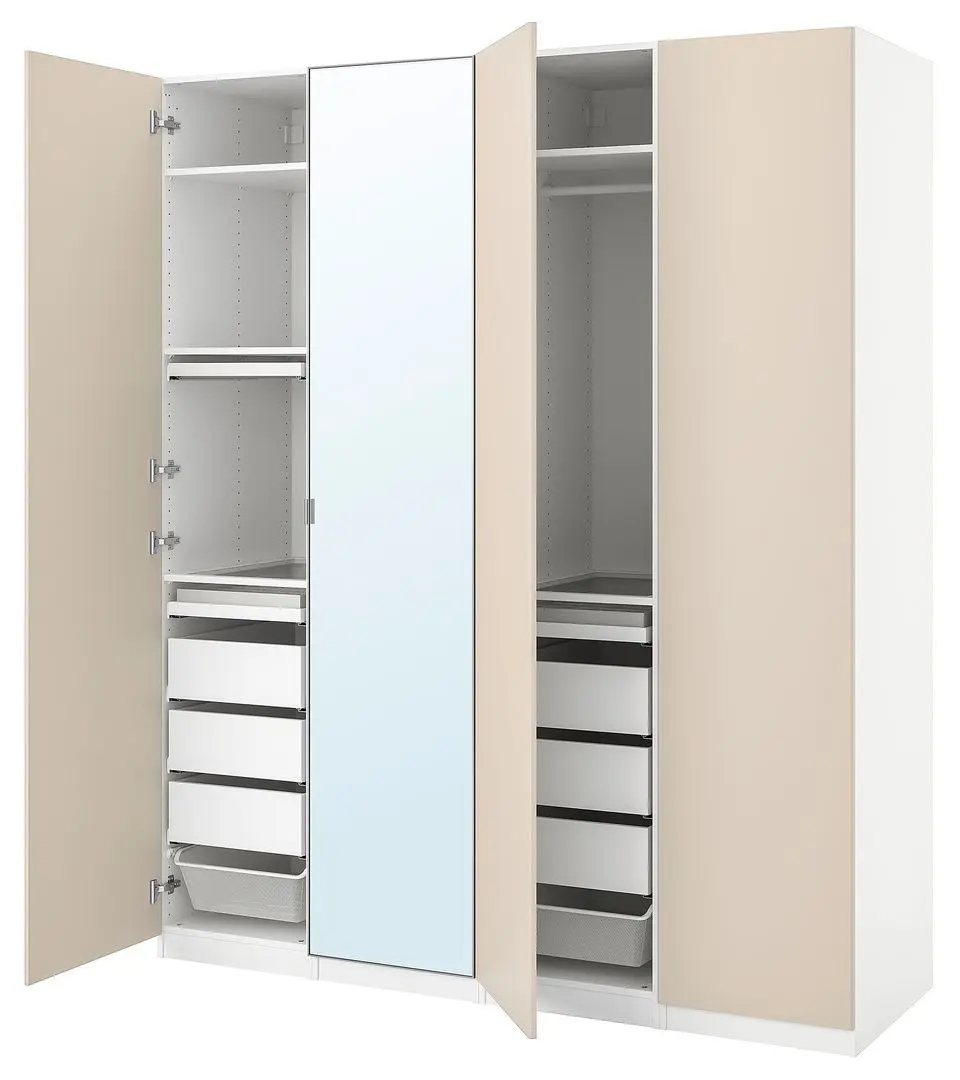 Шкаф Ikea Pax/Reinsvoll/Aheim полки/штанга/ящики/корзины 200x60x236 (Белый/Серо-бежевый/Зеркало) - 3