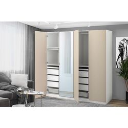 Шкаф Ikea Pax/Reinsvoll/Aheim полки/штанги/ящики/корзины/зеркало 200x60x201 (Белый/Серо-бежевый)