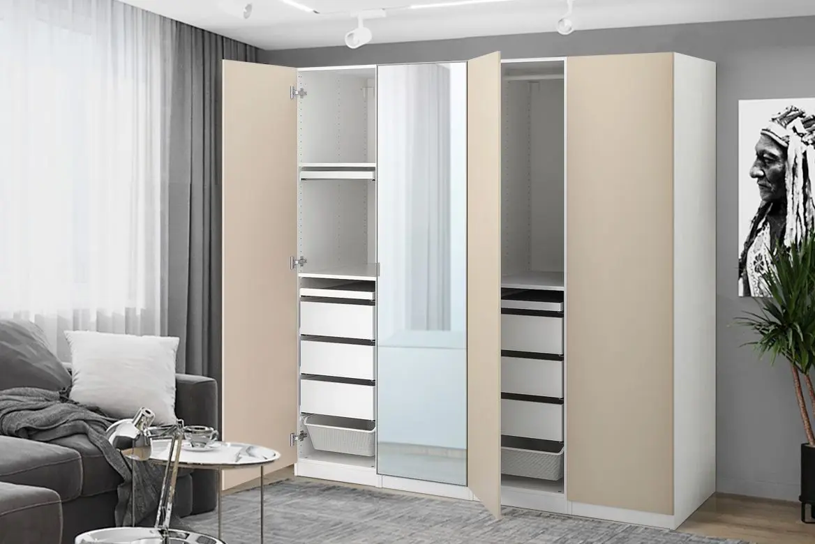 Шкаф Ikea Pax/Reinsvoll/Aheim полки/штанги/ящики/корзины/зеркало 200x60x201 (Белый/Серо-бежевый)