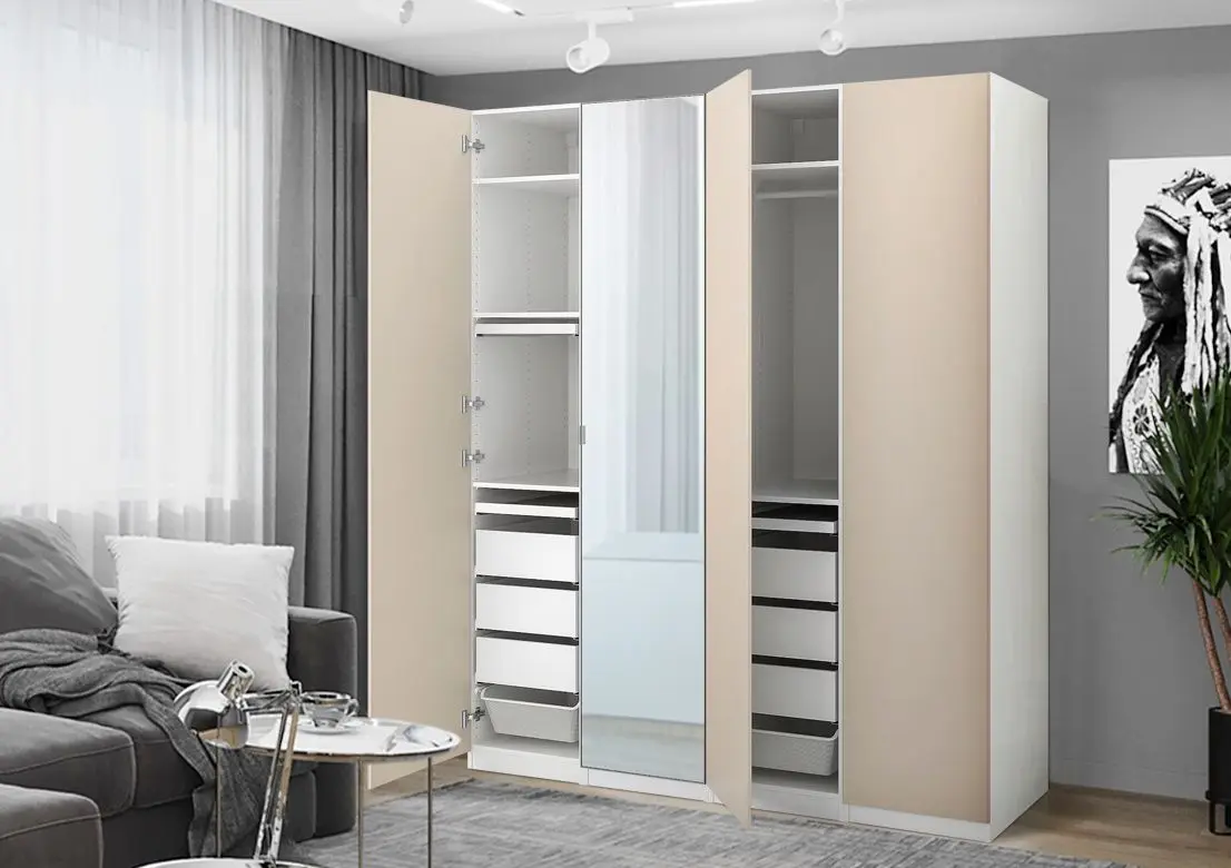 Шкаф Ikea Pax/Reinsvoll/Aheim полки/штанги/ящики/корзины/зеркало 200x60x236 (Белый/Серо-бежевый)