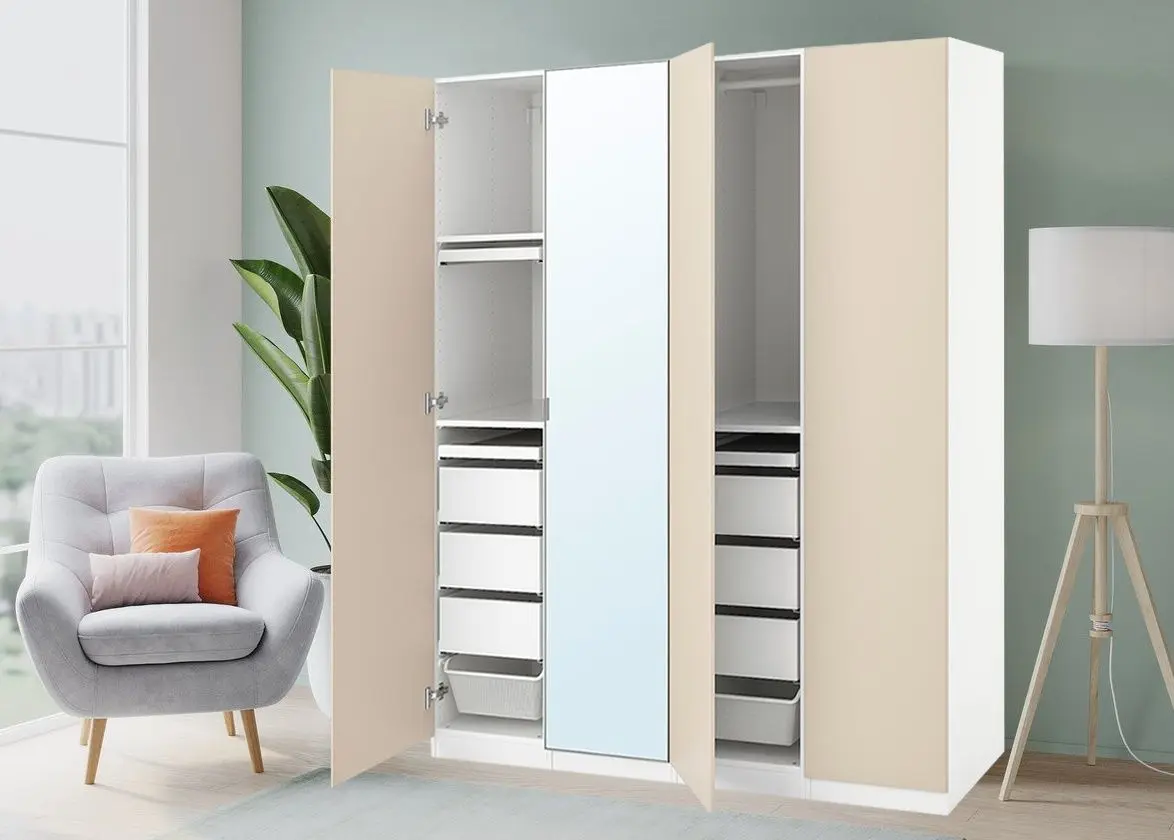 Шкаф Ikea Pax/Reinsvoll/Aheim полки/ящики/корзины/штанги 200x60x201 (Белый/Серо-Бежевый)