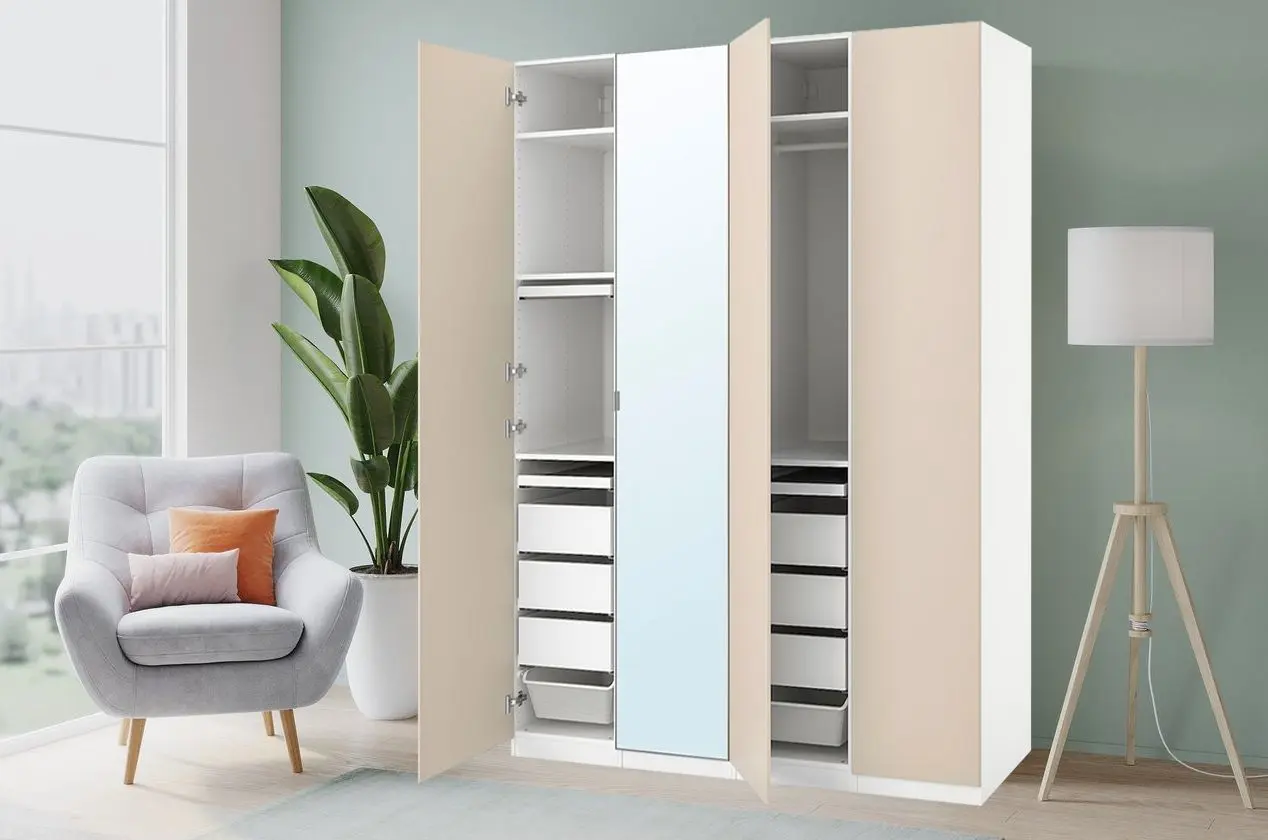 Шкаф Ikea Pax/Reinsvoll/Aheim полки/ящики/корзины/штанги 200x60x236 (Белый/Серо-Бежевый)