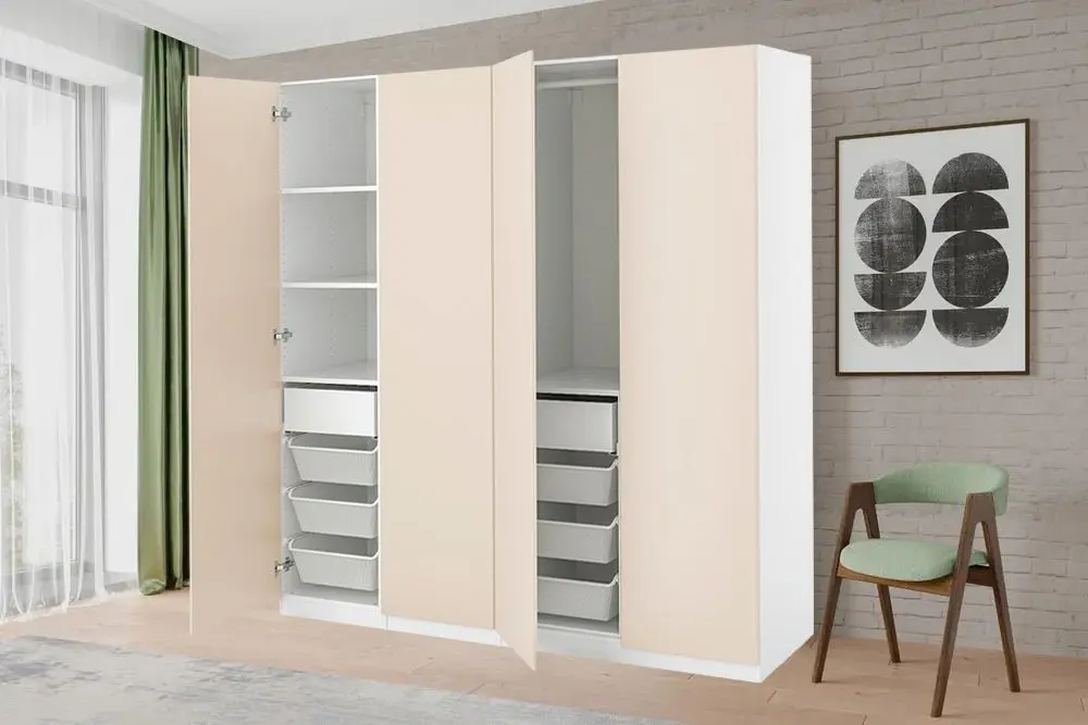 Шкаф Ikea Pax/Reinsvoll полки/корзины/ящики/штанги 200x60x201 (Белый/Серо-Бежевый)