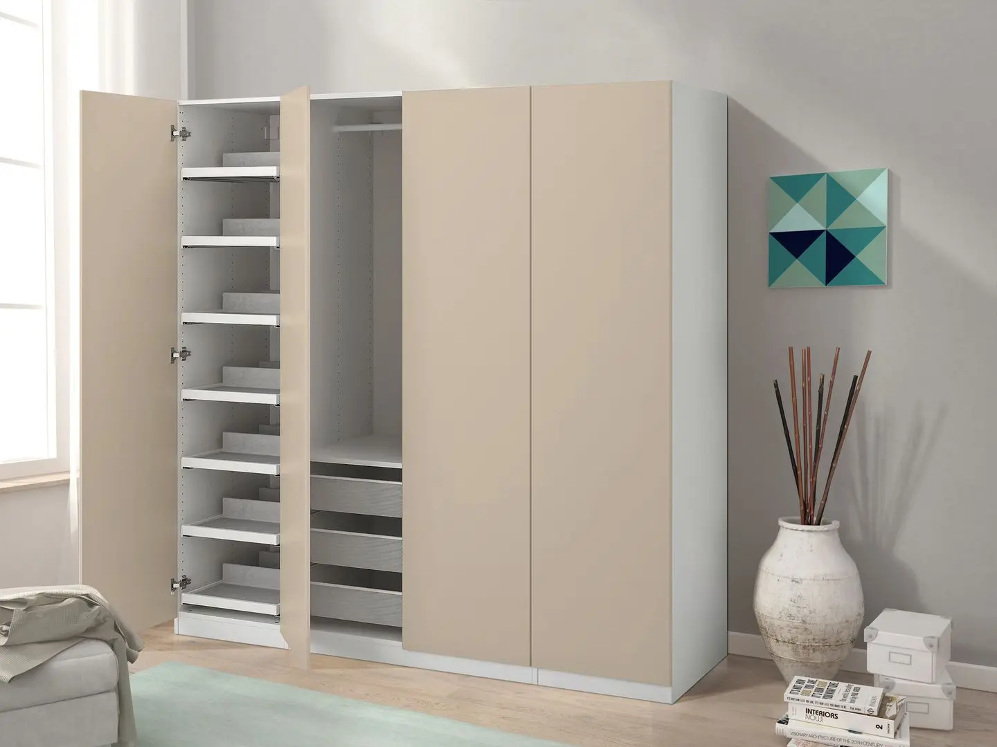 Шкаф Ikea Pax/Reinsvoll полки/штанга/корзины 200x60x201 (Белый/Серо-бежевый)