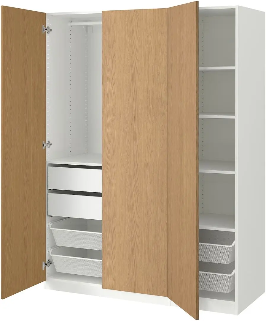 Dulap Ikea Pax/Storklinta rafturi/bara/sertare/cosuri 150x60x201 (Alb/Aspect Stejar)