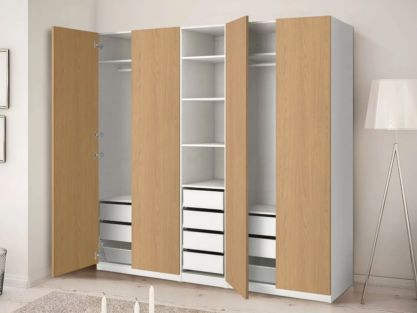 Dulap Ikea Pax/Storklinta rafturi/bare/sertare 250x58x236 (Alb/Aspect Stejar)