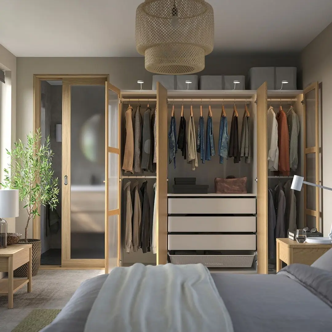 Dulap Ikea Pax/Tonstad raft/bare/sertare/cos/sticla 200x60x201 (Alb/Furnir Stejar)