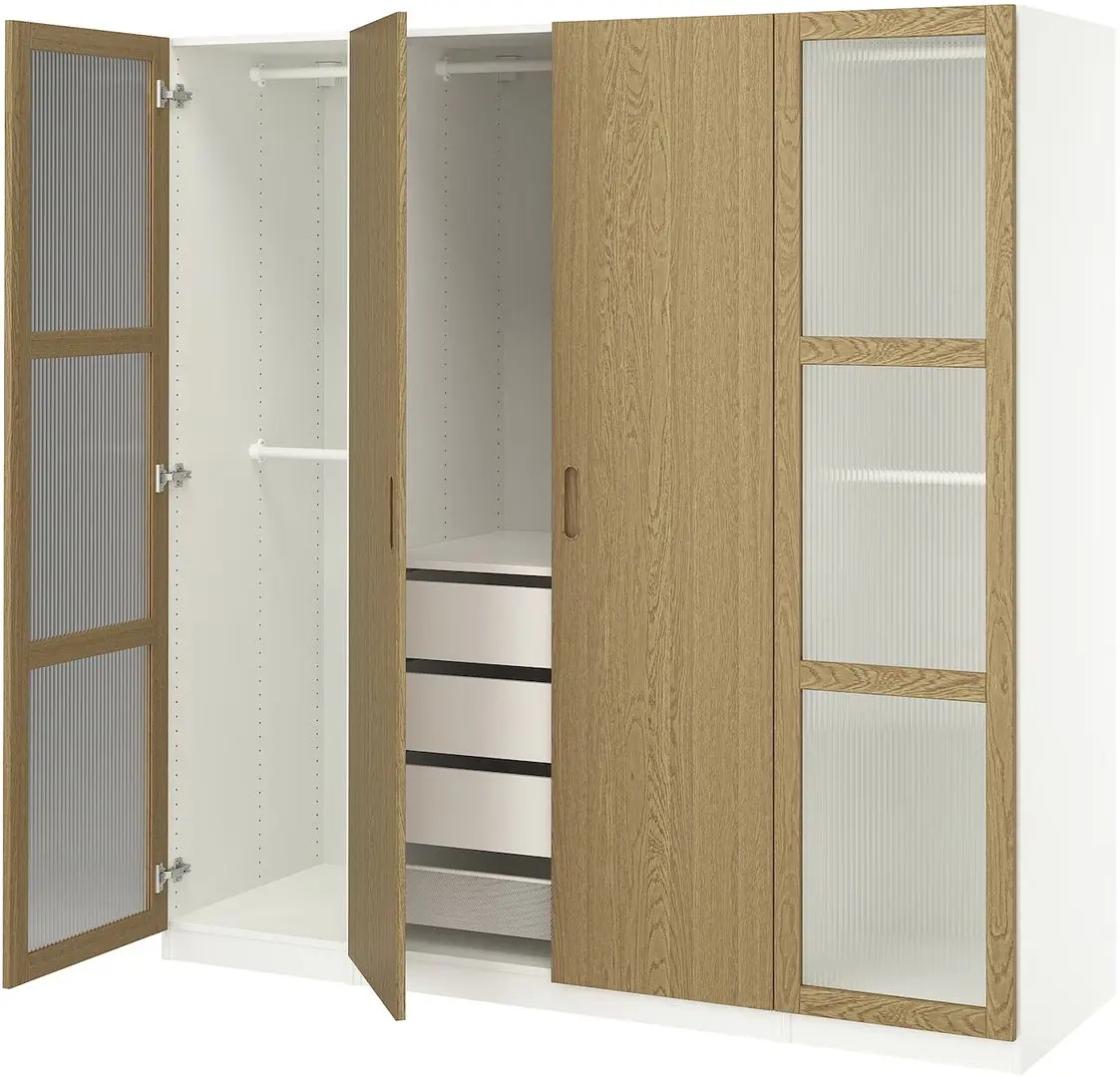 Dulap Ikea Pax/Tonstad raft/bare/sertare/cos/sticla 200x60x201 (Alb/Furnir Stejar)