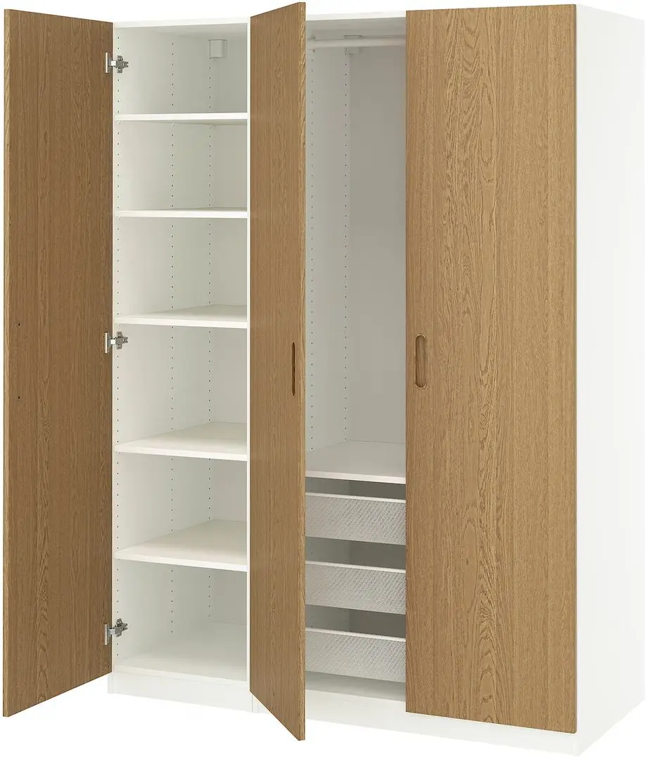 Dulap Ikea Pax/Tonstad rafturi/bara/cosuri 150x60x201 (Alb/Furnir Stejar)