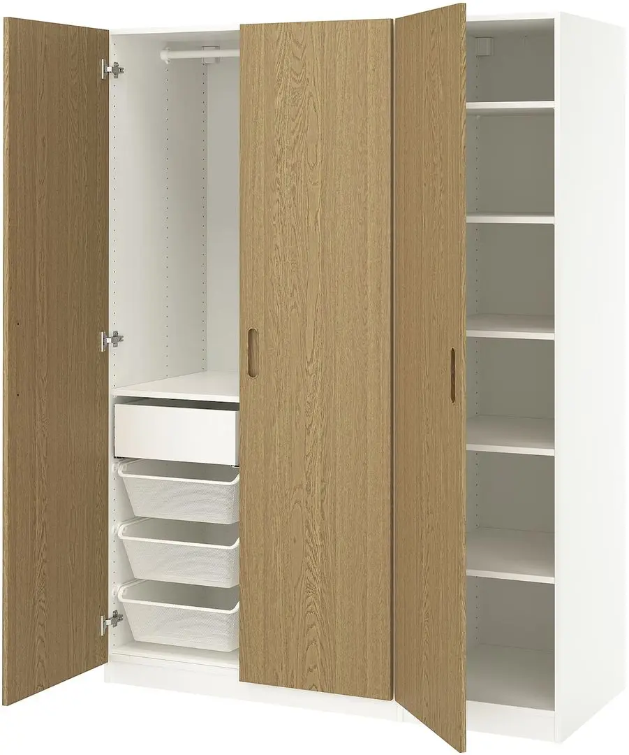 Dulap Ikea Pax/Tonstad rafturi/bara/sertar/cosuri 150x60x201 (Alb/Furnir Stejar)