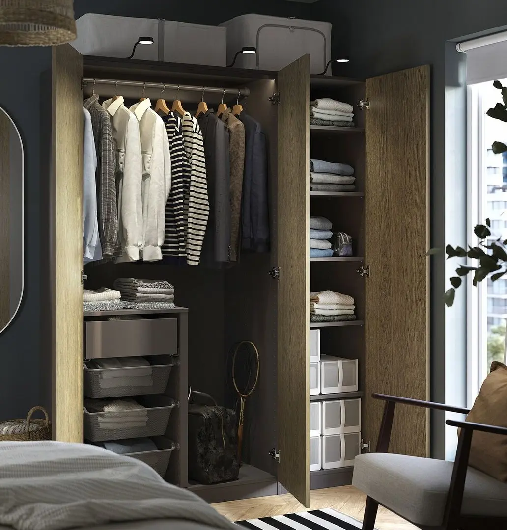 Dulap Ikea Pax/Tonstad rafturi/bara/sertar/cosuri 150x60x201 (Gri inchis/Furnir Stejar Vopsit Maro)