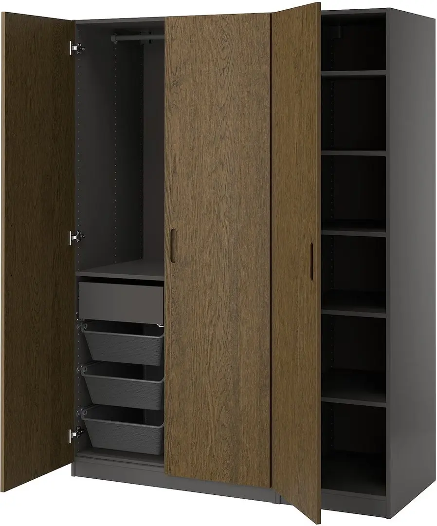 Dulap Ikea Pax/Tonstad rafturi/bara/sertar/cosuri 150x60x201 (Gri inchis/Furnir Stejar Vopsit Maro)