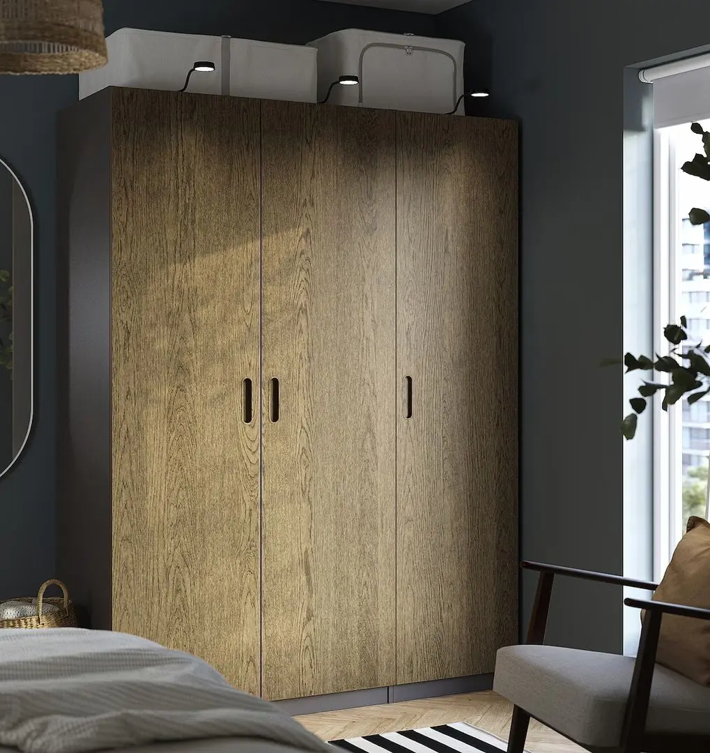 Dulap Ikea Pax/Tonstad rafturi/bara/sertar/cosuri 150x60x201 (Gri inchis/Furnir Stejar Vopsit Maro)