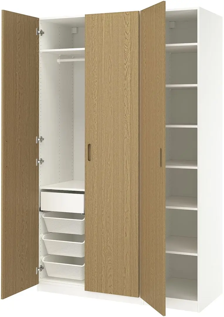 Dulap Ikea Pax/Tonstad rafturi/bara/sertar/cosuri 150x60x236 (Alb/Furnir Stejar)