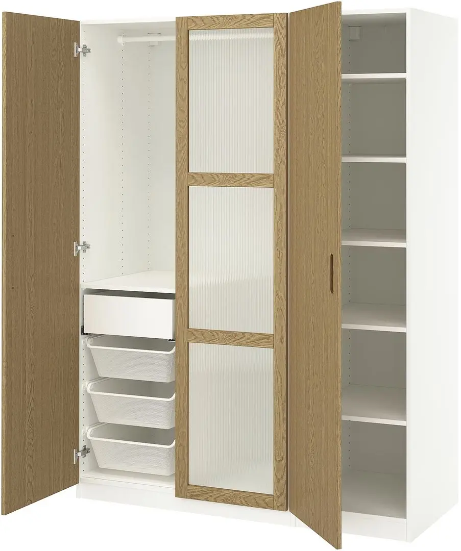 Dulap Ikea Pax/Tonstad rafturi/bara/sertar/cosuri/sticla 150x60x201 (Alb/Furnir Stejar)