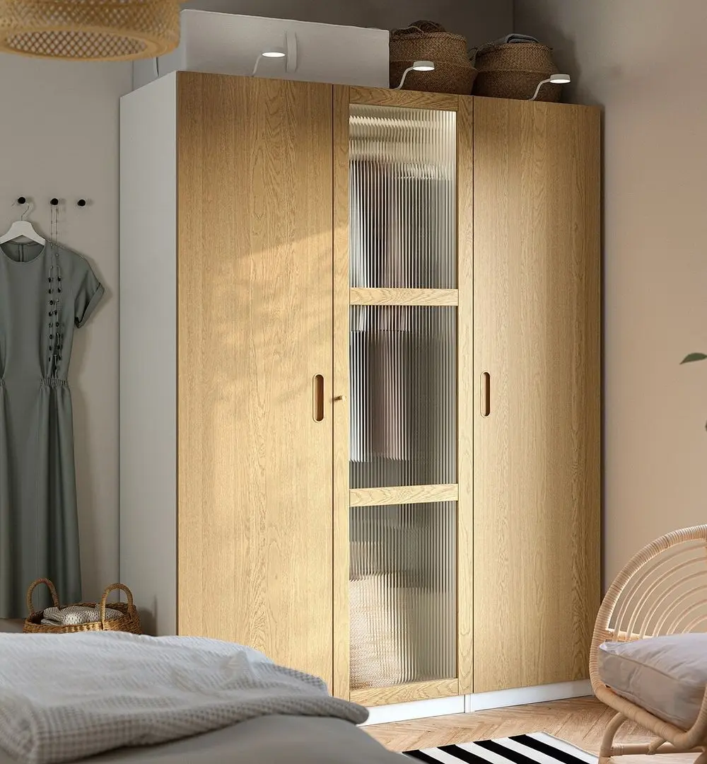 Dulap Ikea Pax/Tonstad rafturi/bara/sertar/cosuri/sticla 150x60x201 (Alb/Furnir Stejar)