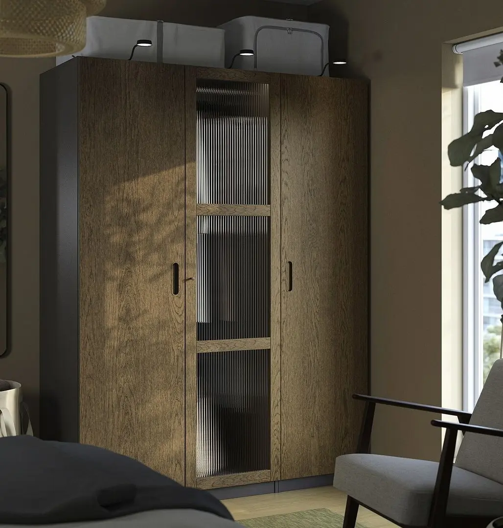 Dulap Ikea Pax/Tonstad rafturi/bara/sertar/cosuri/sticla 150x60x201 (Gri inchis maro/Furnir Stejar Vopsit)