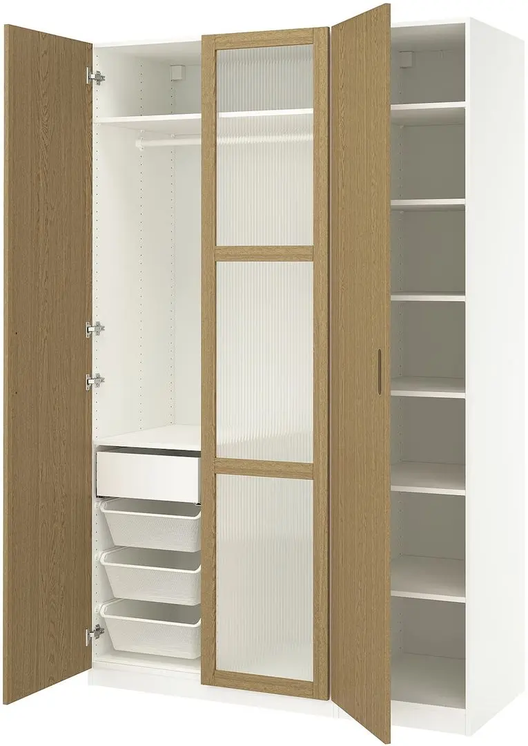 Dulap Ikea Pax/Tonstad rafturi/bara/sertar/cosuri/sticla 150x60x236 (Alb/Furnir Stejar)