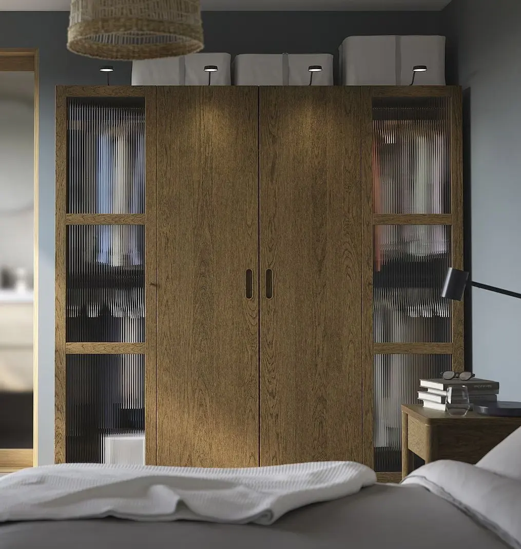 Dulap Ikea Pax/Tonstad rafturi/bara/sertare/cos/sticla 200x60x201 (Gri inchis maro/Furnir Stejar Vopsit)