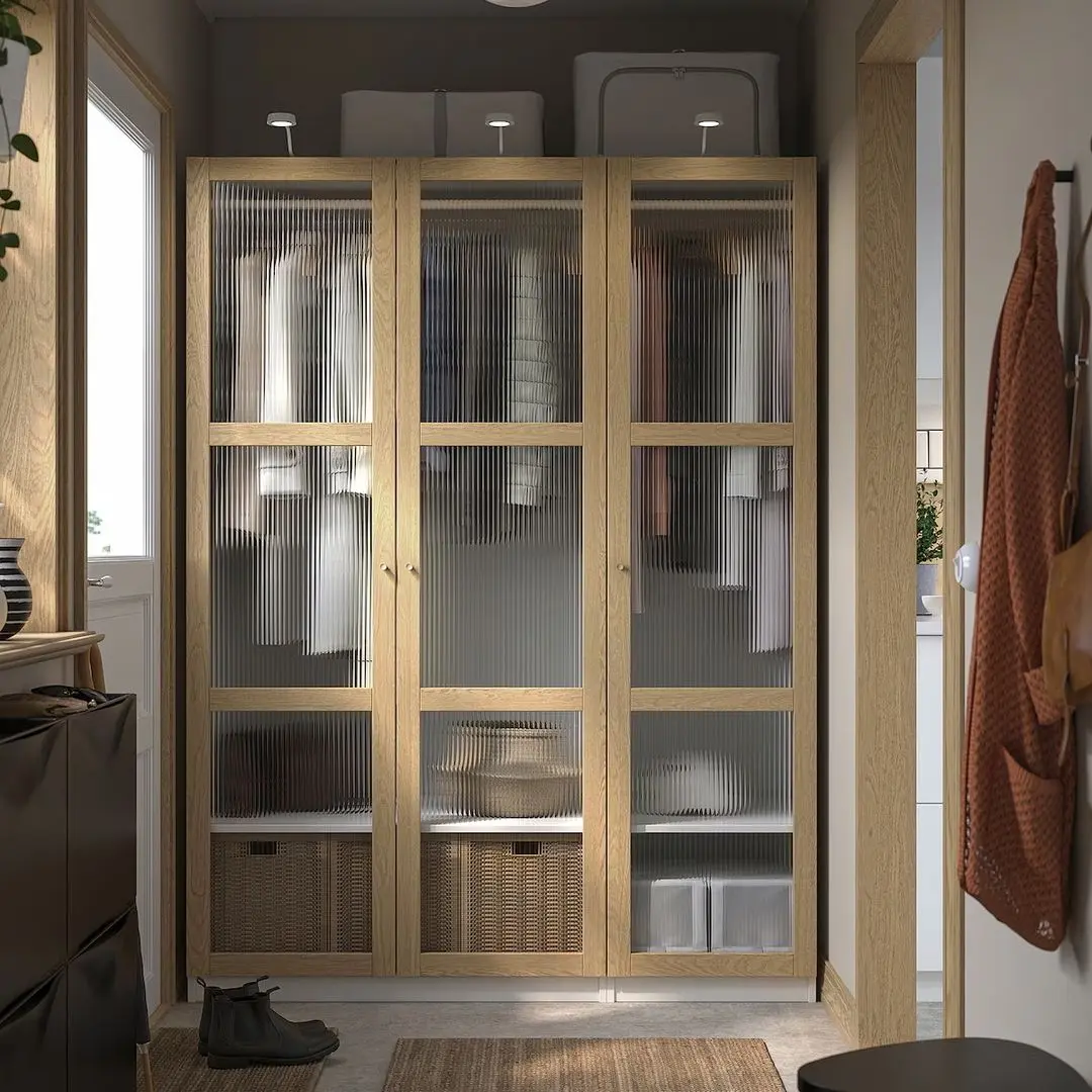 Dulap Ikea Pax/Tonstad rafturi/bare/sticla 150x60x201 (Alb/Furnir Stejar)